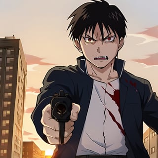 score_9,score_8,score_7,score_6,score_5,score_4,source_anime,fullmetal alchemist style,1boy,upperbody,solo,rectangular face,protagonist man,looking at viewer,short hair,spiky hair,black hair,angry,rage,red eyes,evil look,holding knife,holding the handle of the knife,male focus,black shirt,blood,gun,holding,holding gun,weapon,aiming,aiming at viewer,aiming gun,pulling trigger,psychopath,black jacket,open clothes,white shirt,blood on clothes,sunset sky,cloud,buildings,destroyed city,dutch angle,(wallpaper:1.1),art style,action scene,anime,gunatyou