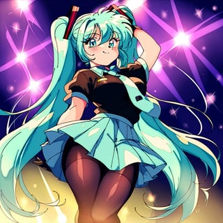 score_9,score_8,score_7,source_vum,1girl,looking at viewer,slim,solo, long hair, skirt, shirt, gloves,twintails, very long hair, closed mouth, standing, short sleeves, pantyhose, pleated skirt, necktie, miniskirt, aqua eyes, blue skirt, black pantyhose, black shirt, aqua hair,concert stage,lights,hatsune miku