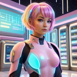 scifi kawaiitech female scholar at the mall , short hair with glowing strands , from a scifi futuristic kawaiitech world, cute pastel colors, fullbody, 
((best quality)), ((masterpiece)), ((digital art)), (hyper detailed),  raytracing , volumetric lighting, Backlit,Rim Lighting,  HDR, 