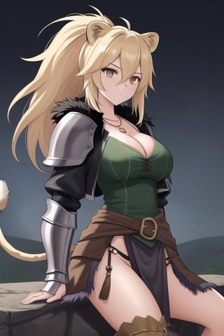 1 girl, sitting, battlefield, long loincloth, covering more waist, black jacket, blonde hair, calm, fur trim jacket, lion ears, long hair, open jacket, brown eyes, black necklace, detailed hands, expressionless , lion tail, hair between the eyes, long ponytail, medium hair, medieval clothing, sideways glance, short shirt, chest armor, cleavage, huge chest,