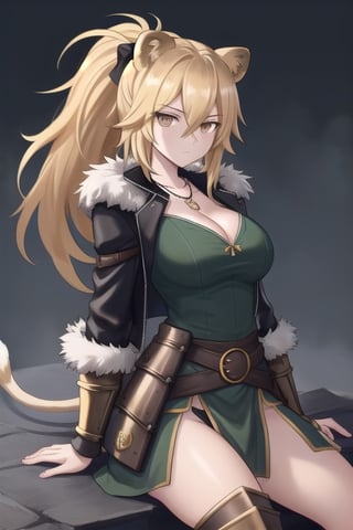 1 girl, sitting, battlefield, long loincloth, covering more waist, black jacket, blonde hair, calm, fur trim jacket, lion ears, long hair, open jacket, brown eyes, black necklace, detailed hands, expressionless , lion tail, hair between the eyes, long ponytail, medium hair, medieval clothing, sideways glance, short shirt, chest armor, cleavage, huge chest,