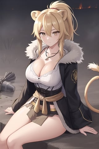 1 girl, sitting, battlefield, long loincloth, covering more waist, black jacket, blonde hair, calm, fur trim jacket, lion ears, long hair, open jacket, brown eyes, black necklace, detailed hands, expressionless , lion tail, hair between the eyes, long ponytail, medium hair, medieval clothing, sideways glance, short shirt, chest armor, cleavage, huge chest, skirt