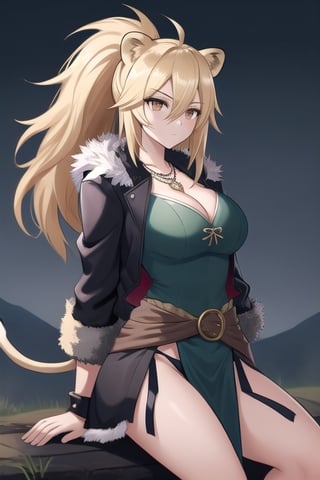 1 girl, sitting, battlefield, long loincloth, covering more waist, black jacket, blonde hair, calm, fur trim jacket, lion ears, long hair, open jacket, brown eyes, black necklace, detailed hands, expressionless , lion tail, hair between the eyes, long ponytail, medium hair, medieval clothing, sideways glance, short shirt, cleavage, huge chest,