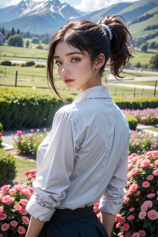 best quality,HDR,UHD,8K,Vivid Colors,solo,front view,photo_(medium),(1girl:1.3),(looking at viewer:1.4),ponytail,,standing,outside,sky,mountain,flower,, rc,pencil skirt,coat,shirt,