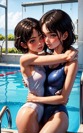 (masterpiece:1.2), (ultra-detailed:1.2), (perfect-composition:1.2), 8K, (photographical skin:1.2), (shiny skin:1.2), masterpiece, best quality, PIXIV, yuri, multiple girls, 2girls, swimsuit, long hair, short hair, black hair, looking at another, partially submerged, yuri, pool, one-piece swimsuit, eye contact, water, hug, wet, blush, breasts, blue one-piece swimsuit, arms around neck, school swimsuit, 
,yurims