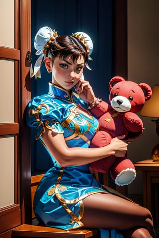 masterpice, best quality, (absurdres), painting, subsurface scattering, 1girl, solo, chunli-main, (beautiful face), (looking at viewer:1.1), full lips, (embarrassed, full face blush), holding, (stuffed bear, stuffed toy),chinese decoration, detailed background, artistic lighting, (blue chinese clothes), (pelvic curtain), puffy short sleeves, white sash, brown pantyhose, white lace-up boots, spiked bracelet, toned, double bun, (bun cover:1.2), sitting, crossed legs, living room, sofa, chinese architecture,  lora:ChunliMultiOutfits-v3-10:0.9, sfw, sharp focus,,SF2CL