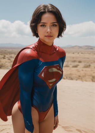 upper body photo of supergirl, short hair, bodysuit, red cape, regretful, outdoors sunny day, a virtual reality world becomes a prison, landscape, analog style (look at viewer:1.2) (skin texture), Fujifilm XT3, DSLR, 50mm  lora:Sasha Calle SupergirlV2:0.75
