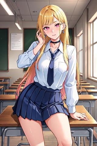 Location: detailed background, BREAK indoors, classroom,

clothing: school_uniform, shirt, black pleated_skirt, black choker, ear piercing, earrings, BREAK black necktie, long sleeves, sleeves rolled up, 

hair & face: bangs, blonde hair with black streaks, pink ruby eyes, long hair, slit pupils, perfect eyes, (beautiful_face:1.5), Beautiful Nose

role lock: 1 girl,Solo, Manga,mature female, Beautiful character design, lustrous skin,

expression: (innocent_big_eyes:1.0),

quality: official art, extremely detailed CG unity 8k wallpaper, perfect lighting, Colorful, Bright_Front_face_Lighting, 
(masterpiece:1.0),(best_quality:1.0), ultra high res,4K,ultra-detailed, 
photography, 8K, HDR, highres, absurdres :1.2 , Kodak portra 400, film grain, blurry background, bokeh:1.2, lens flare, (vibrant_color:1.2) , 

body: (Beautiful,medium_Breasts:1.4), (beautiful_face:1.5),(narrow_waist), Beautiful long legs, Beautiful Finger,

others: whisker markings,

character: MARIN KITAGAWA,takeda hiromitsu style,MARIN KITAGAWA