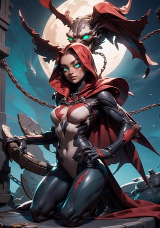 absurdres, highres, (official art, beautiful and aesthetic:1.2), 1 spawn girl, (medium breasts), red cape, glowing green eyes, kneeling, chains, church and cross landscape, night time, moon, upper body, lora:spawn-000020:1, lora:add_detail:0.2, lora:beautiful detailed eyes:1, lora:GoodHands-beta2:1,  lora:NebulaDream:0.3
,spawn