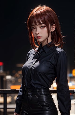 upper body, (masterpiece), detailed background, perfect lighting, 1girl, bangs, medium breasts, blouse, red hair, red eyes, city, urban, bokeh, depth of field, wear black tie , makima \(chainsaw man\),makimacsm