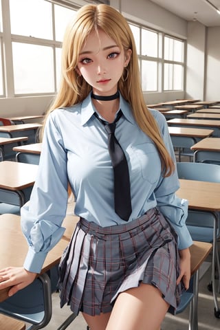 Location: detailed background, BREAK indoors, classroom,

clothing: school_uniform, shirt, black pleated_skirt, black choker, ear piercing, earrings, BREAK black necktie, long sleeves, sleeves rolled up, 

hair & face: bangs, blonde hair with black streaks, pink ruby eyes, long hair, slit pupils, perfect eyes, (beautiful_face:1.5), Beautiful Nose

role lock: 1 girl,Solo, Manga,mature female, Beautiful character design, lustrous skin,

expression: (innocent_big_eyes:1.0),

quality: official art, extremely detailed CG unity 8k wallpaper, perfect lighting, Colorful, Bright_Front_face_Lighting, 
(masterpiece:1.0),(best_quality:1.0), ultra high res,4K,ultra-detailed, 
photography, 8K, HDR, highres, absurdres :1.2 , Kodak portra 400, film grain, blurry background, bokeh:1.2, lens flare, (vibrant_color:1.2) , 

body: (Beautiful,medium_Breasts:1.4), (beautiful_face:1.5),(narrow_waist), Beautiful long legs, Beautiful Finger,

others: whisker markings,

character: MARIN KITAGAWA,takeda hiromitsu style,MARIN KITAGAWA