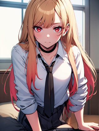 marinkitagawa, lora:marinkitagawatest:1, marin kitagawa, blonde hair, choker, ear piercing, earrings, long hair, piercing, (red eyes:1.5), straight hair, swept bangs,BREAK black necktie, long sleeves, pleated skirt, school uniform, shirt, skirt, sleeves rolled up, white shirt,BREAK indoors, classroom,BREAK looking at viewer, BREAK , (masterpiece:1.2), best quality, high resolution, unity 8k wallpaper, (illustration:0.8), (beautiful detailed eyes:1.6), extremely detailed face, perfect lighting, extremely detailed CG, (perfect hands, perfect anatomy),