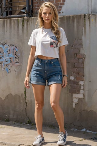 (extremely detailed,  realistic,  perfect lighting,  vibrant colors, intricate details, absurdres), (masterpiece,  high detailed skin:1.3), 1girl, thin body, petite, slim, light blonde hair, layered hair, full body view,  
{slender legs, tall body, soft curves, beautiful face, perfect body, wearing Oversized white button-down shirt with the sleeves rolled up, Baggy cargo pants with cuffed ankles, Graphic t-shirt peeking out from under the shirt, Chunky sneakers with a vintage vibe, (Grunge-inspired alleyway with brick walls and graffiti art background, fashion model, unforgettable beauty, looking in love, lifelike rendering, } closed mouth, 
{ seducing, }, perfect light, 