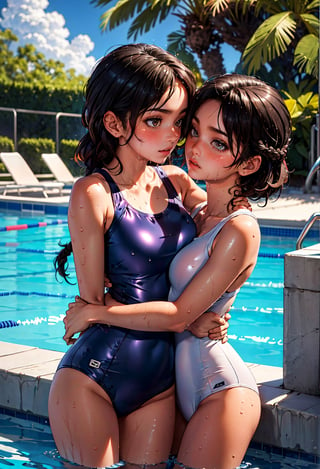 (masterpiece:1.2), (ultra-detailed:1.2), (perfect-composition:1.2), 8K, (photographical skin:1.2), (shiny skin:1.2), masterpiece, best quality, PIXIV, yuri, multiple girls, 2girls, swimsuit, long hair, short hair, black hair, looking at another, partially submerged, yuri, pool, one-piece swimsuit, eye contact, water, hug, wet, blush, breasts, blue one-piece swimsuit, arms around neck, school swimsuit, 
,yurims