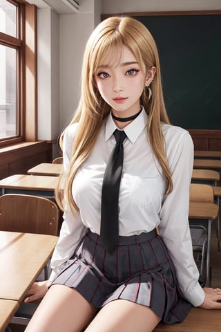 Location: detailed background, BREAK indoors, classroom,

clothing: school_uniform, shirt, black pleated_skirt, black choker, ear piercing, earrings, BREAK black necktie, long sleeves, sleeves rolled up, 

hair & face: bangs, blonde hair with black streaks, pink ruby eyes, long hair, slit pupils, perfect eyes, (beautiful_face:1.5), Beautiful Nose

role lock: 1 girl,Solo, Manga,mature female, Beautiful character design, lustrous skin,

expression: (innocent_big_eyes:1.0),

quality: official art, extremely detailed CG unity 8k wallpaper, perfect lighting, Colorful, Bright_Front_face_Lighting, 
(masterpiece:1.0),(best_quality:1.0), ultra high res,4K,ultra-detailed, 
photography, 8K, HDR, highres, absurdres :1.2 , Kodak portra 400, film grain, blurry background, bokeh:1.2, lens flare, (vibrant_color:1.2) , 

body: (Beautiful,medium_Breasts:1.4), (beautiful_face:1.5),(narrow_waist), Beautiful long legs, Beautiful Finger,

others: whisker markings,

character: MARIN KITAGAWA,takeda hiromitsu style,MARIN KITAGAWA