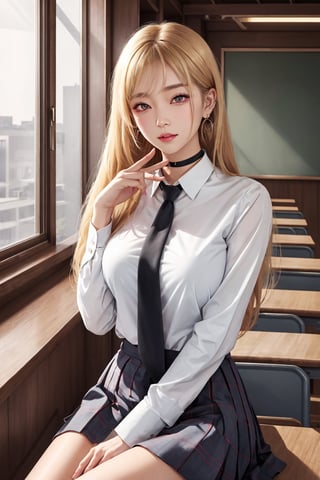 Location: detailed background, BREAK indoors, classroom,

clothing: school_uniform, shirt, black pleated_skirt, black choker, ear piercing, earrings, BREAK black necktie, long sleeves, sleeves rolled up, 

hair & face: bangs, blonde hair with black streaks, pink ruby eyes, long hair, slit pupils, perfect eyes, (beautiful_face:1.5), Beautiful Nose

role lock: 1 girl,Solo, Manga,mature female, Beautiful character design, lustrous skin,

expression: (innocent_big_eyes:1.0),

quality: official art, extremely detailed CG unity 8k wallpaper, perfect lighting, Colorful, Bright_Front_face_Lighting, 
(masterpiece:1.0),(best_quality:1.0), ultra high res,4K,ultra-detailed, 
photography, 8K, HDR, highres, absurdres :1.2 , Kodak portra 400, film grain, blurry background, bokeh:1.2, lens flare, (vibrant_color:1.2) , 

body: (Beautiful,medium_Breasts:1.4), (beautiful_face:1.5),(narrow_waist), Beautiful long legs, Beautiful Finger,

others: whisker markings,

character: MARIN KITAGAWA,takeda hiromitsu style,MARIN KITAGAWA