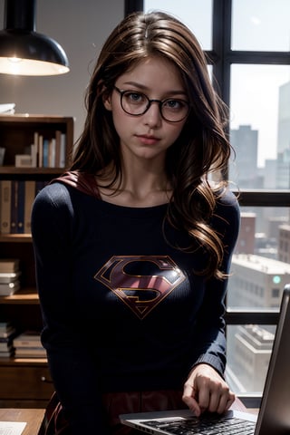 real, photoshoot, realistic, luminescent, atmospheric scene, masterpiece, best quality, (detail skin texture, ultra-detailed body:1.1), RAW photo, (high detailed skin:1.2), 8k uhd, dslr, film grain, Fujifilm XT3, lora:melissabenoist_smf_lora_02-000001:0.9, 1girl, melissabenoist-smf, glasses, parted lips, long hair, indoors, realistic, sweater, holding, blurry, solo, window, lips, long sleeves, brown hair, blurry background, solo focus, chair, computer, blonde hair, upper body, black-framed eyewear, office, brown sweater, shirt, book, laptop