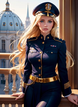 woman in her 20s, (perfect face), defined jawline, beautiful lips, (beautiful bright blue eyes), (long flowing blonde hair), (navy blue military officer uniform), (gold trimming in outfit), brown leather belt with gold buckle, (war medals on her chest), (military officer cap), (leaning on an open balcony), warm lighting, looking at viewer, (medium shot photograph), (European city capitol background), photorealistic