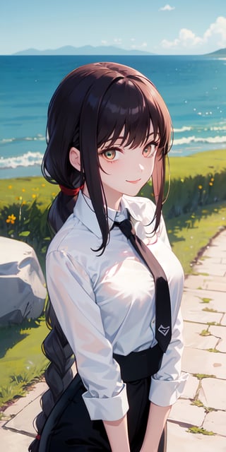 (masterpiece, best quality: 1.4), alone, looking at viewer, cowboy photo, smile, makima, ringed eyes, long hair, bangs, braided ponytail, side locks, collared shirt, tie, black pants, arms behind the back, outdoors, blue sky, sanctuary, stone floor, horizon, upper body, head on, from above, blurred background