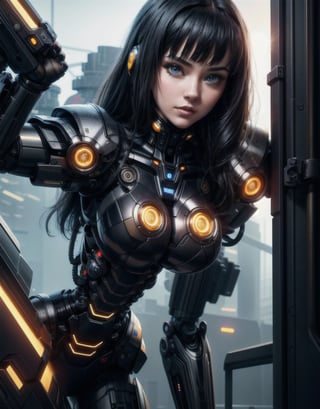 robot, dress, 8K, RAW, best quality, masterpiece, ultra high res, colorful, (medium wide shot), (dynamic perspective), sharp focus ,depth of field, 1girl,solo, beautiful detailed girl, extremely detailed eyes and face, beautiful detailed eyes,large breasts,(black gold, trimmed gear:1.2),(In a futuristic weapons factory:1.2),(sideway:1.2), lyco:add_detail:0.2 , lyco:Mecharobot:0.8
