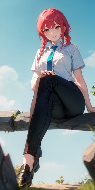 (masterpiece, best quality: 1.4), alone, looking at viewer, cowboy photo, smile, makima, ringed eyes, long hair, bangs, braided ponytail, redhead, side locks, collared shirt, tie, black pants Black, legs crossed, sitting, (from below: 1.3) medium chest, outdoors, blue sky, sanctuary, stone floor, horizon, upper body, blurred background