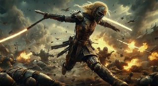 Photoreal, HDR, Cinematic Art, Achilles blinded by fury in the middle of an intense battle. Achilles, with long blonde hair, his shining golden armor and decorated shield, shows an expression of uncontrolled anger and blazing eyes. The battlefield, under a stormy sky with lightning, is littered with fallen warriors and torn flags. In the center, Achilles wields a spear and shields it, advancing with power and agility as his enemies retreat. The atmosphere is charged with tension, with dust, blood and broken weapons scattered. In the distance, the silhouette of Troy appears wrapped in smoke and fire.