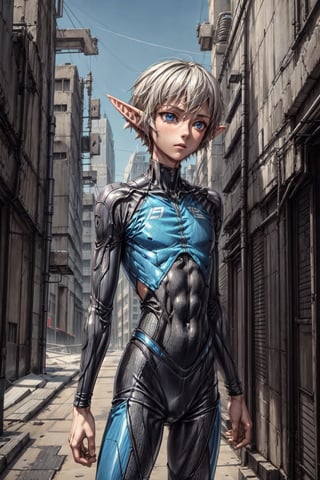 (1 boy, skinny, teeny, young boy, little boy, elf, elven ears, in a triathlon suit, slim waist), middle-East cyberpunk location, cyberpunk background, masterpiece quality, best quality, highly detailed beautiful face, perfect eyes, soft sandy wind effect, cinematic still,  futureaodai, (evangelion:0.6)