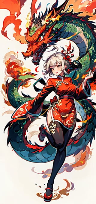 sfw,  1girl, qipao ,dragon-themed,complex background, fire