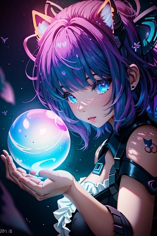 nebula,  a beautiful a crystal ball, outdoor, thematic background, neon, glow, fluttering symbols, | depth of field, bokeh, | smooth detailed shadows, hyperealistic shadows, (saturated color) | ,(unreal engine, pixar style), (3d model),maid,  1girl,  full_body