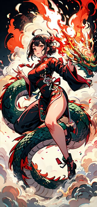 sfw,  1girl, qipao ,dragon-themed,complex background, fire