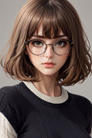 girl, with bangs, long brown hair, bangs, wearing crop top sweater, knit cropped jumper black, white polo shirt, wearing short pants, wearing glasses, round glasses, beautiful, highly detailed, elegant, stunning face, ((perfect face: 3)), small face, wlop, long brown hair, perfect body, perfect eyes, beautiful eyes, eyes lid, beautiful body, seductive body, seductive look, breast, breast D cup,comic style