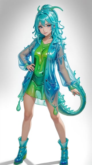 a young woman, full body, vibrant color,dragon slime,slime_girl, transparent:1.1,,masterpiece,dragon_pattren,dragon scale