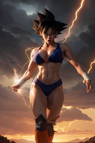 1girl,  breast, (feamle Goku) , Witness the awe-inspiring power of Goku as he unleashes her extraordinary abilities in a stunning display of strength and energy. Inspired by the beloved character from the Dragon Ball series, Goku stands tall with her spiky black hair and confident expression. her body radiates a vibrant aura, showcasing her immense power and determination. As he channels her energy, vibrant beams of light burst forth, illuminating the scene with dazzling colors. The movie style is a perfect blend of action and fantasy, capturing the essence of Goku's superhuman abilities. The lighting is dynamic, highlighting the intense energy surrounding Goku and casting dramatic shadows. The resolution is set to 8K, delivering unrivaled clarity and detail, ensuring every flicker of energy and every muscle movement is vividly captured. Brace yourself for an electrifying experience as Goku taps into her extraordinary powers, ready to face any challenge that comes her way.,her body surrounded by a raging storm of magic energy, the cityscape crumbling around him as he unleashes a devastating wave of destruction. People fleeing in terror at the bottom of the image, sketch, son goku,