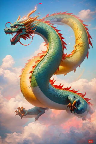 dragon-themed,dragonyear,
In the vast blue sky, the East Chinese dragon soars with immense power. Its sinuous body glimmers with iridescent scales as it gracefully glides through the air.  clouds part and the ground trembles, a symbol of its awe-inspiring might and dominance over the heavens.