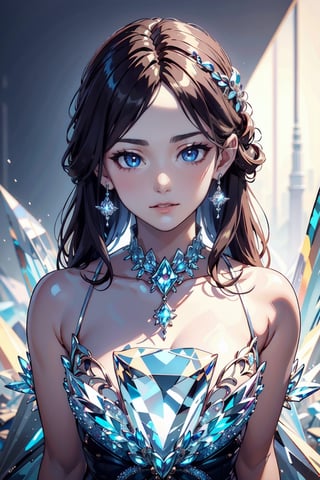 1girl, solo, long hair, crystalline_style, crystalline style, crystal, ice,  looking at viewer, brown hair, gem, realistic, diamond (gemstone),crystalline style,crystalline_style,crystalline,masterpiece