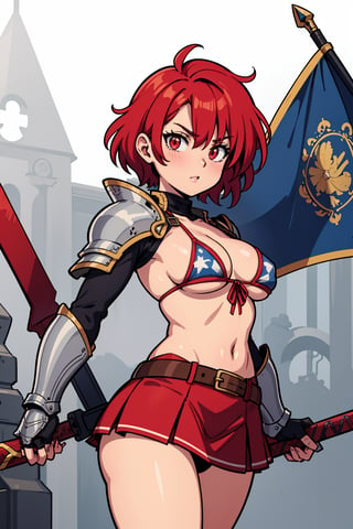 cute female knight with red hair and red eyes, wearing light armor and wielding a greatsword,,flag, armor, powerful, side_tie_bikini, miniskirt