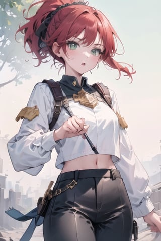 1girl, red hair, yellow circlet, high ponytail, ((braided ponytail)), absurdly long hair, green eyes, tan, black crop top, red collar, black disconnected sleeves, long sleeves, baggy white pants, hair accessory, perfect anatomy, female_solo, (insanely detailed, beautiful detailed face, masterpiece, best quality),  highest quality, 8K, RAW photo, perfect face, cowboy_shot