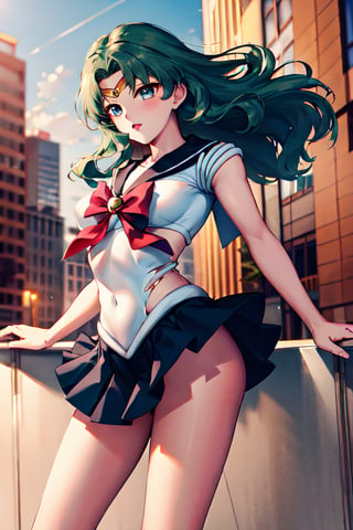 masterpiece, best quality,  cityscape, highres, michiru, sailor senshi uniform, green hair, red blood,  ,broken_clothes, skirt