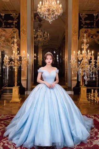 cinderella, full body:1.1,crystalline_style, A girl in a modern, elegant ball gown, styled with a sleek updo and minimalist jewelry. She should have a confident, regal expression. The background is a luxurious modern palace, with clean lines, high ceilings, and extravagant chandeliers. The photo should be shot in high definition, with a sharp focus on the subject and a soft, blurred background for a captivating portrait,masterpiece,