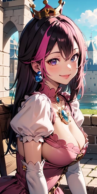 Peach_SMP,  masterpiece, best quality, highres, pch, pink dress, brooch, puffy sleeves, short sleeves, smile, elbow gloves, earrings, crown, outside of castle, large breasts, upper body, close-up, ,phlg, black hair, pink highlight, no bra,