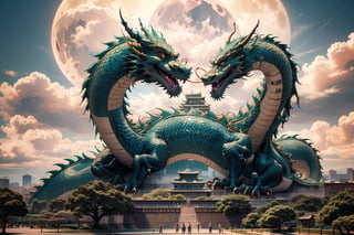 best quality, ultra-detailed, illustration,dragon, 
Osaka Castle, moon, scenery, night, architecture, sky, east asian architecture, crescent moon, outdoors, night sky, tree, building, cloud, day,dragon-themed,Osaka Castle, blue sky, cityscape, real world location