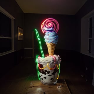 light_painting, neon lights, neon, lights, a icecream with a long stem in a dark room