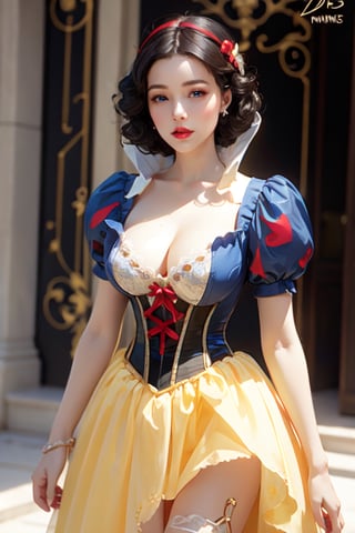 Sexy pinup model, Disney princess snow white, high_res,  detailed eyes, , tight blue corset, , yellow dress, fluffy hair, ,snowwhite