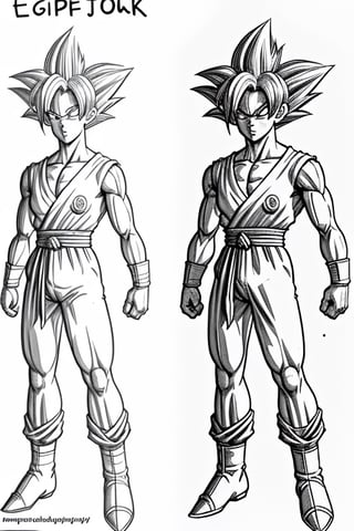 draft, outline, monochrome,  reference sheet, drawing a goku