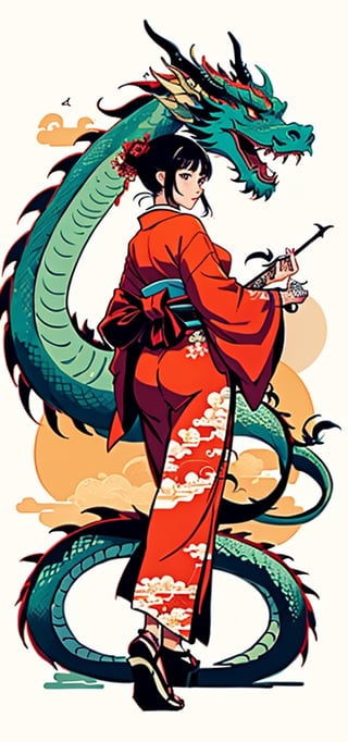 sfw,  1girl, japan,  tattoo dragon ,dragon-themed,complex backgourd