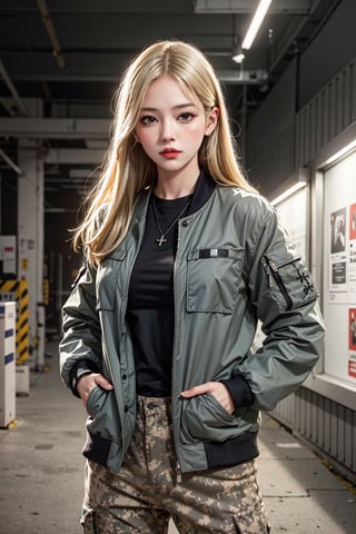  comic style, highres, masterpiece, perfect lighting, bloom, cinematic lighting, adult, female, looking at viewer, upper body, 1girl, blonde, camo pants, jacket, military jacket, hands inside pockets, in front of the viewer, bulletproof vest, magazine bags, modern construction site
