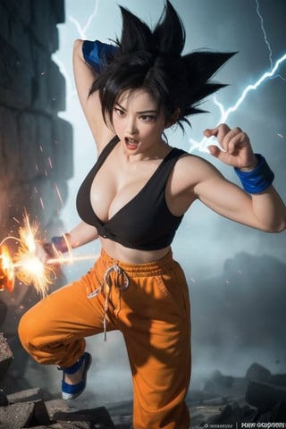 1girl,  breast, (feamle Goku) , Witness the awe-inspiring power of Goku as he unleashes her extraordinary abilities in a stunning display of strength and energy. Inspired by the beloved character from the Dragon Ball series, Goku stands tall with her spiky black hair and confident expression. her body radiates a vibrant aura, showcasing her immense power and determination. As he channels her energy, vibrant beams of light burst forth, illuminating the scene with dazzling colors. The movie style is a perfect blend of action and fantasy, capturing the essence of Goku's superhuman abilities. The lighting is dynamic, highlighting the intense energy surrounding Goku and casting dramatic shadows. The resolution is set to 8K, delivering unrivaled clarity and detail, ensuring every flicker of energy and every muscle movement is vividly captured. Brace yourself for an electrifying experience as Goku taps into her extraordinary powers, ready to face any challenge that comes her way.,her body surrounded by a raging storm of magic energy, the cityscape crumbling around him as he unleashes a devastating wave of destruction. People fleeing in terror at the bottom of the image, sketch, son goku,