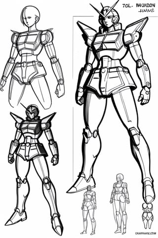 draft, outline, monochrome,  reference sheet, drawing a gundam