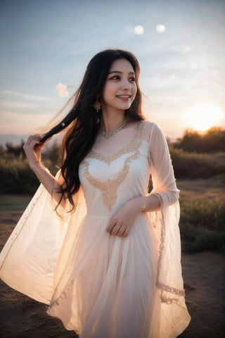 Choose a flowy Anarkali suit in soft pastel hues adorned with delicate embellishments for ethereal beauty,twirl your dupatta against the backdrop of a setting sun, embodying grace and serenity,looking into camera,cute smile,black hair,black eyes