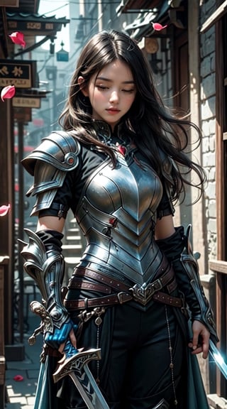 1girl, solo, long hair, black hair, holding, closed mouth, standing, closed eyes, weapon, cowboy shot, sword, holding weapon, armor, petals, holding sword, shoulder armor, gauntlets, pauldrons, breastplate